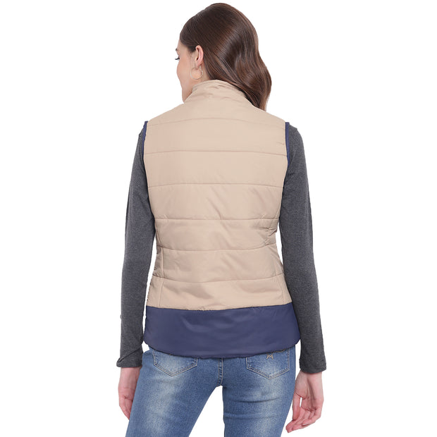 Beige Nylon Padded Winter Jacket for Women