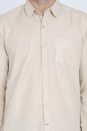 Beige Cotton Plain Slim Fit Casual Shirt