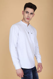 White and Blue Cotton Checks Print Mandarin Collar Shirt
