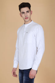 White and Blue Cotton Checks Print Mandarin Collar Shirt