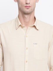 Beige Solid Spread Collar Cotton Linen Shirt