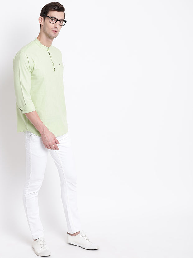 Green Cotton Mandarin Collar Shirt