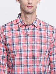 Checkered Pink Spread Collar  Casual Cotton Shirt