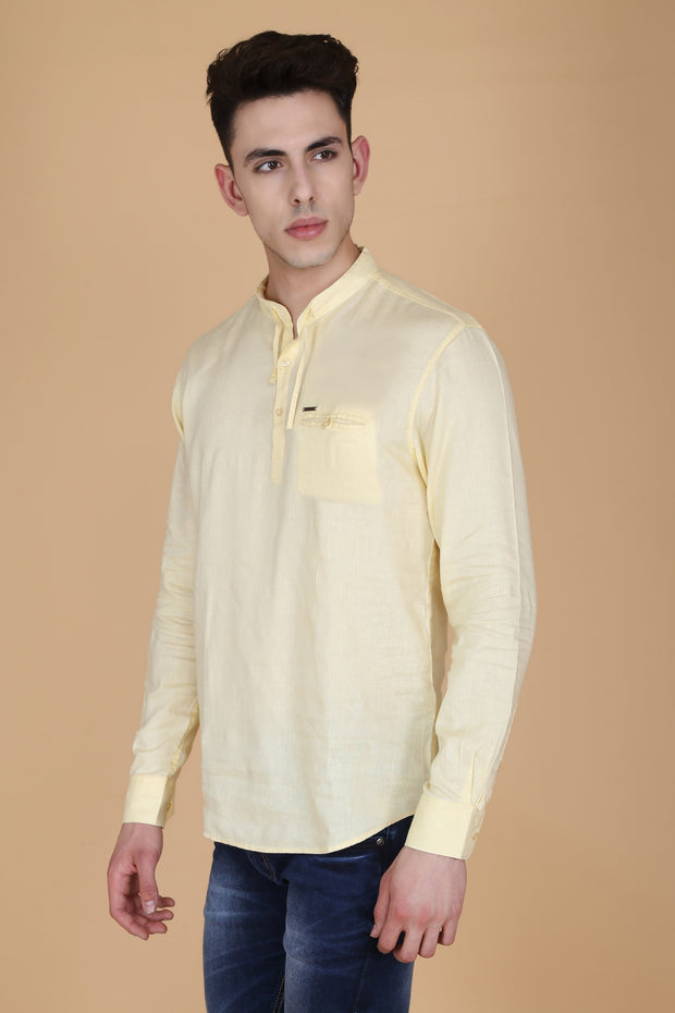 Solid Light Yellow Cotton Slim Fit Mandarin Collar Shirt