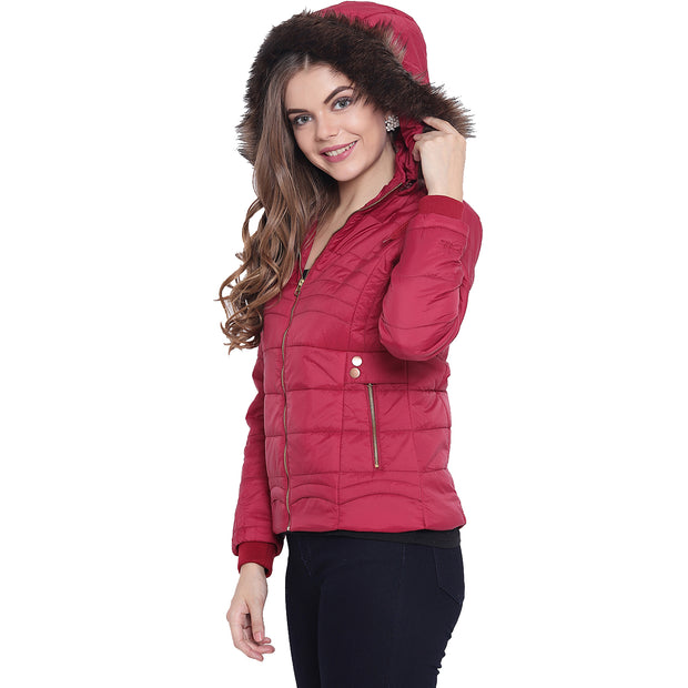 Maroon Nylon Quilted Hooded Jacket for Women