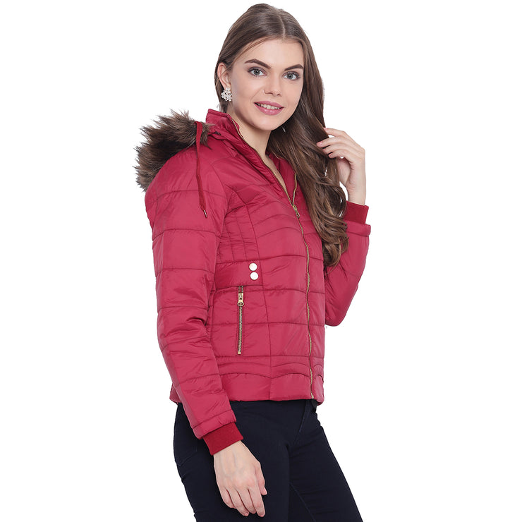 Maroon Nylon Quilted Hooded Jacket for Women
