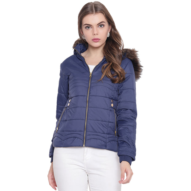 Navy Blue Nylon Quilted Hooded Jacket for Women