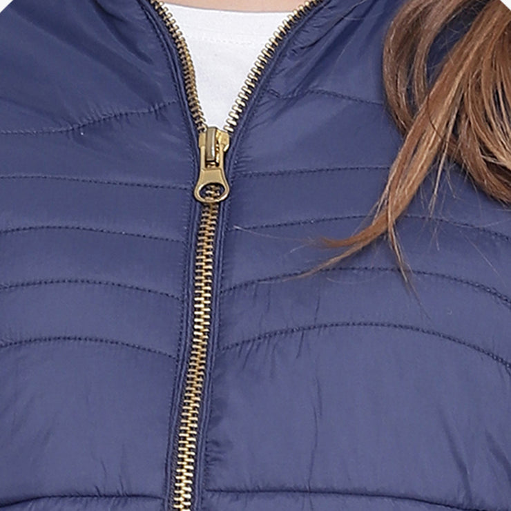 Navy Blue Nylon Quilted Hooded Jacket for Women