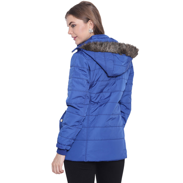 Royal Blue Nylon Hooded Winter Jacket for Women