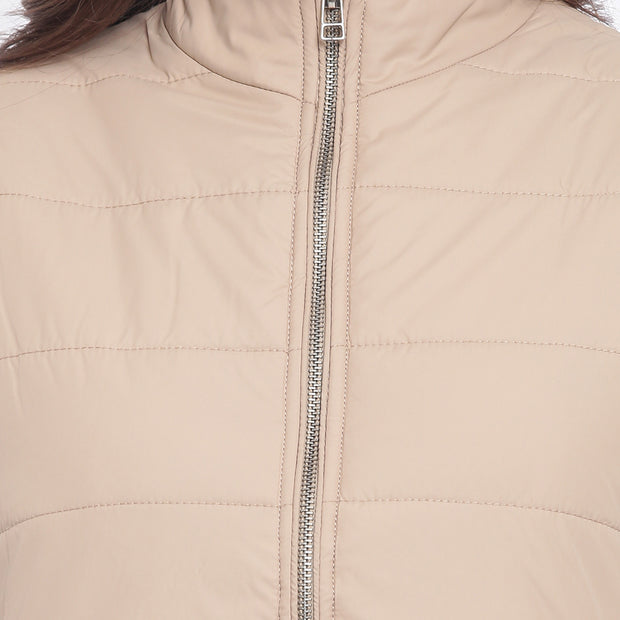 Beige Nylon Padded Winter Jacket for Women