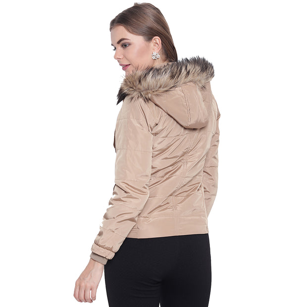 Beige Nylon Hooded Winter Jacket for Women