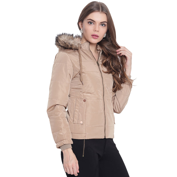 Beige Nylon Hooded Winter Jacket for Women