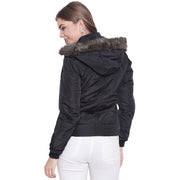 Black Nylon Hooded Winter Jacket for Women