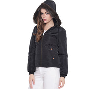 Black Nylon Hooded Winter Jacket for Women