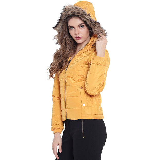 Mustard Nylon Hooded Winter Jacket for Women