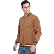 Solid Tan Nylon Casual Winter Jacket for Men