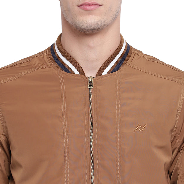 Solid Tan Nylon Casual Winter Jacket for Men