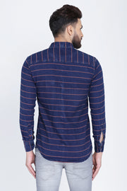 Navy Blue and Pink Cotton Stripes Print Casual Shirt