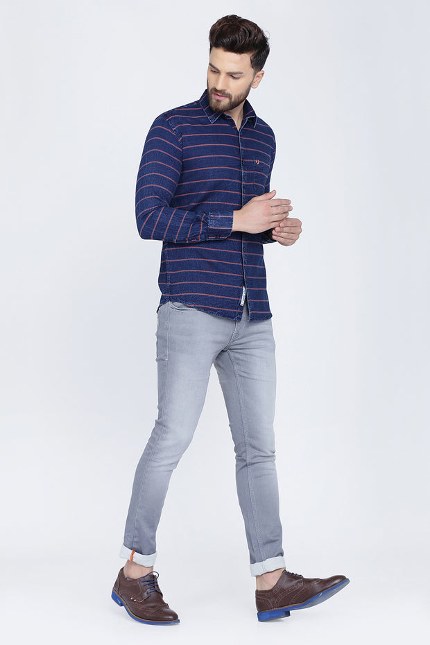 Navy Blue and Pink Cotton Stripes Print Casual Shirt