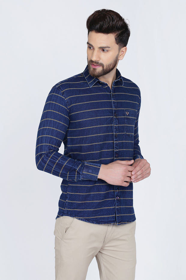 Navy Blue and Grey Cotton Stripes Print Casual Shirt
