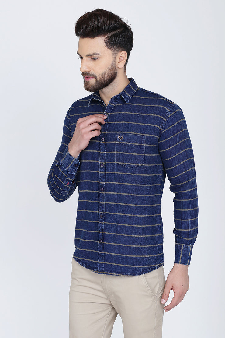 Navy Blue and Grey Cotton Stripes Print Casual Shirt