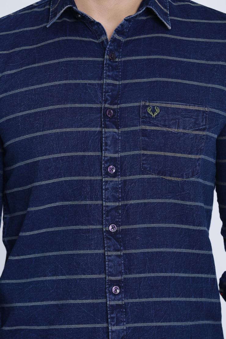 Navy Blue Cotton Stripes Print Casual Shirt