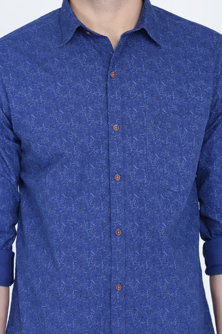 Navy Blue Cotton Floral Print Slim Fit Shirt