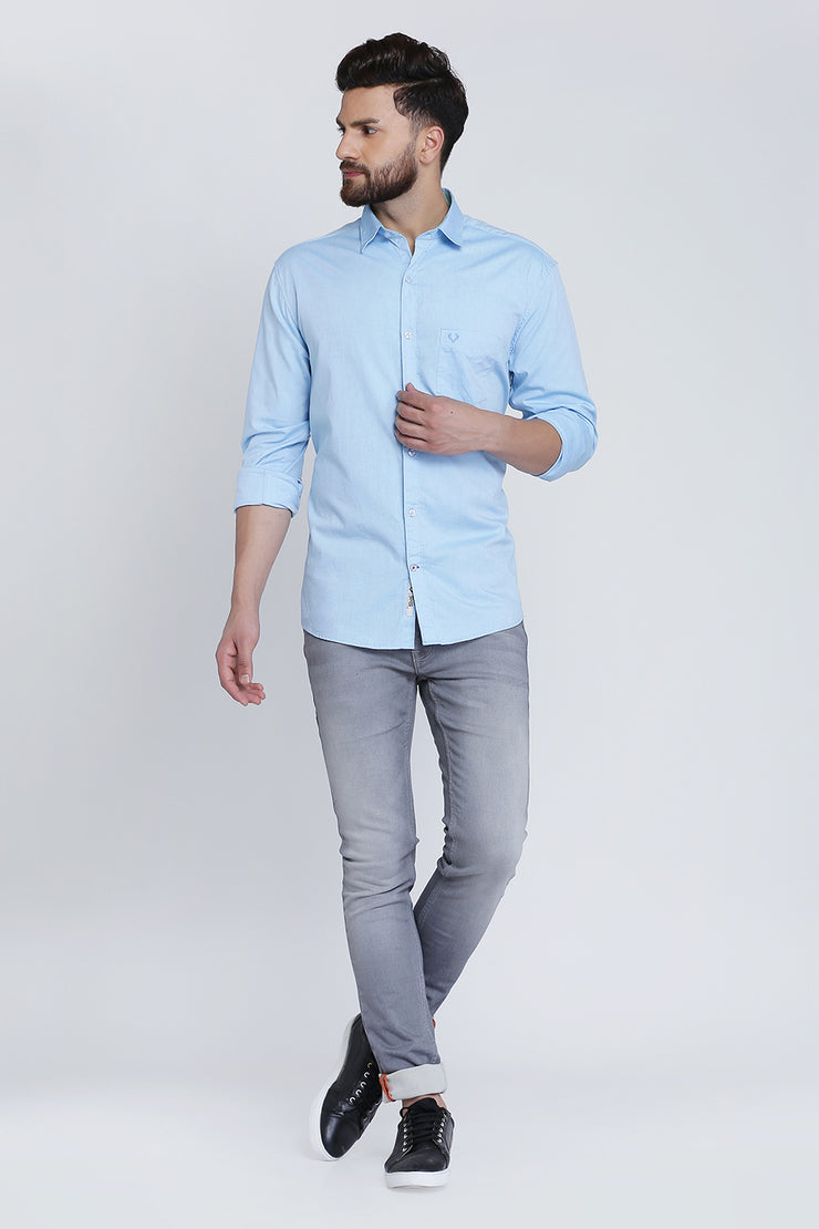 Blue Cotton Plain Slim Fit Spread Collar Shirt