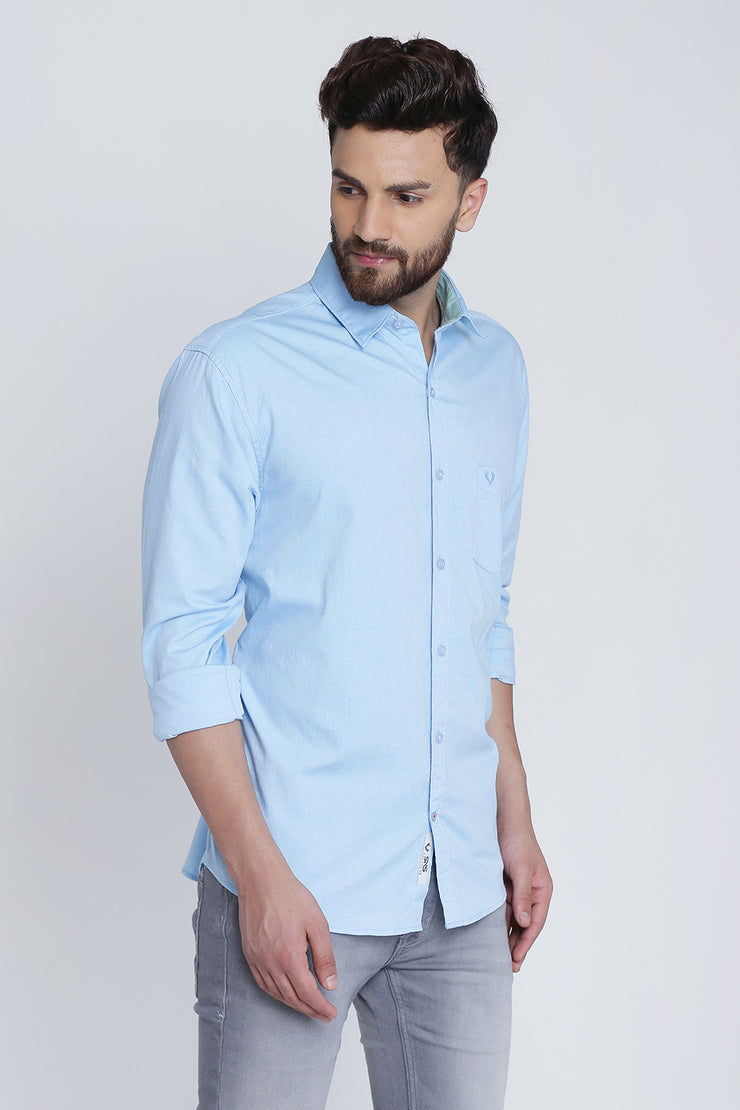 Blue Cotton Plain Slim Fit Spread Collar Shirt
