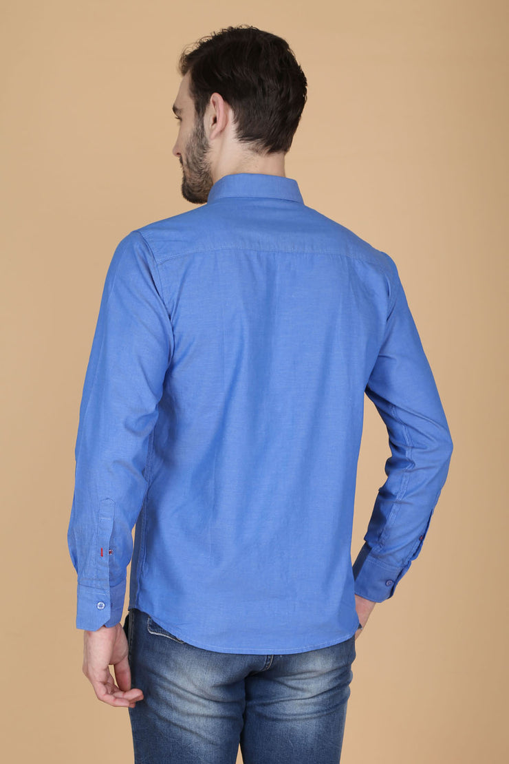 Dark Blue Cotton Plain Slim Fit Casual Shirt