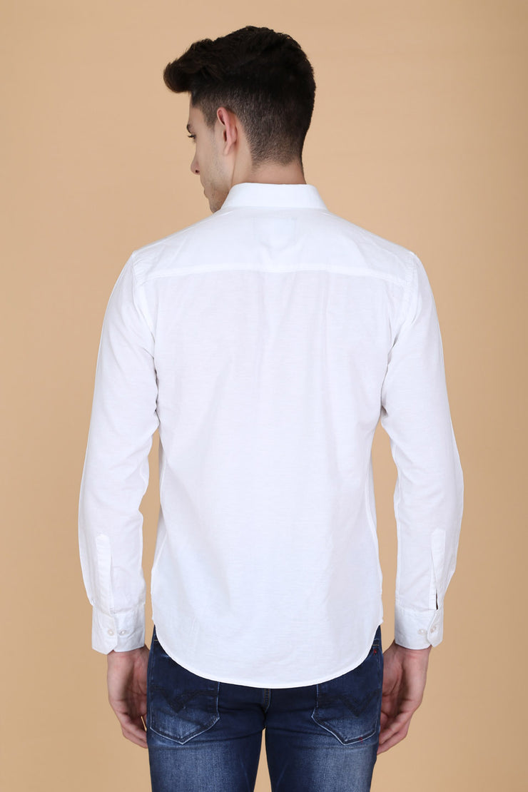 White Cotton Plain Slim Fit Casual Shirt