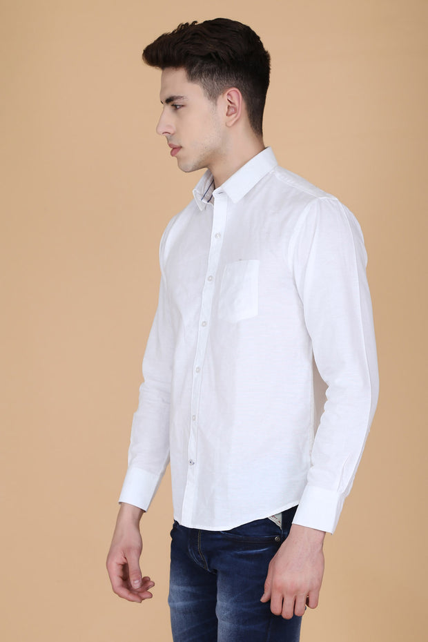 White Cotton Plain Slim Fit Casual Shirt