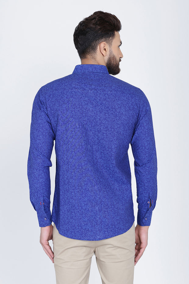 Indigo Blue Cotton Long Sleeves Floral Print Shirt