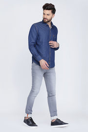 Blue Cotton Plain Slim Fit Casual Shirt