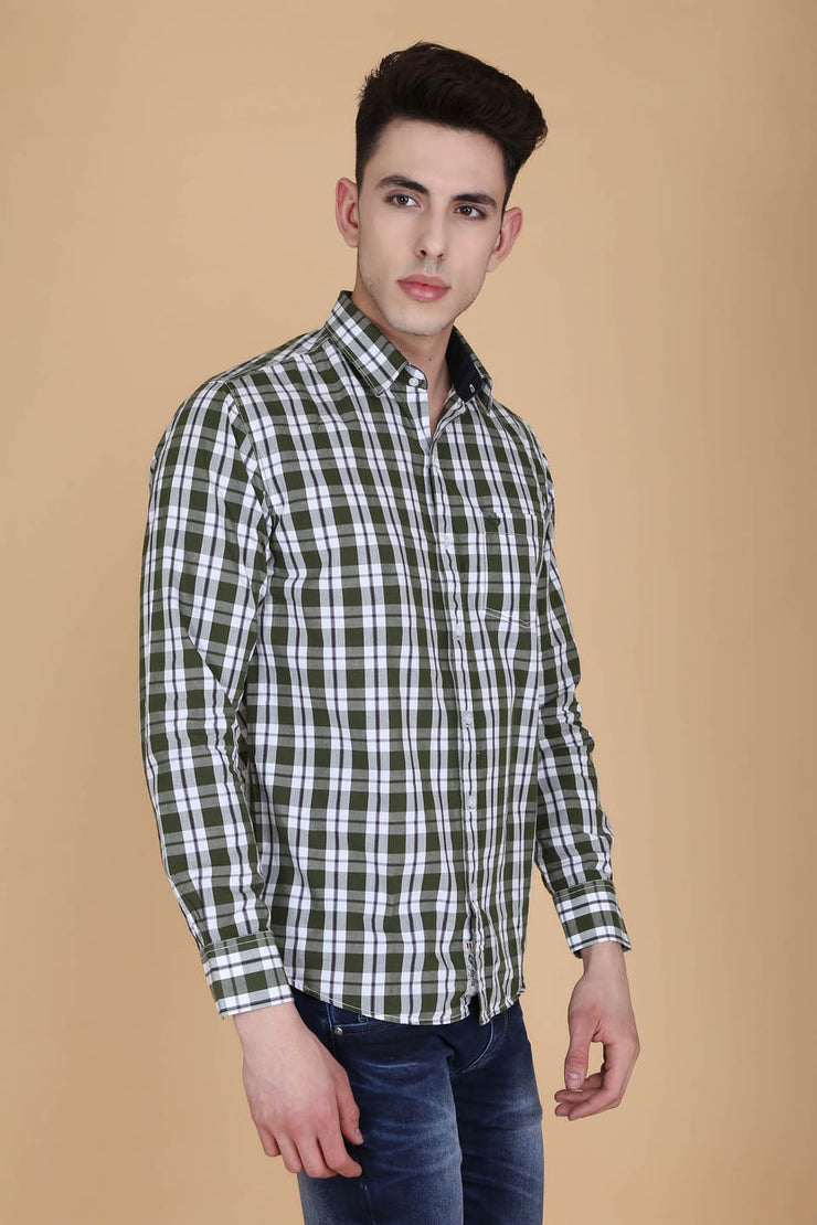 Olive Green Cotton Plaids Casual Slim Fit Shirt
