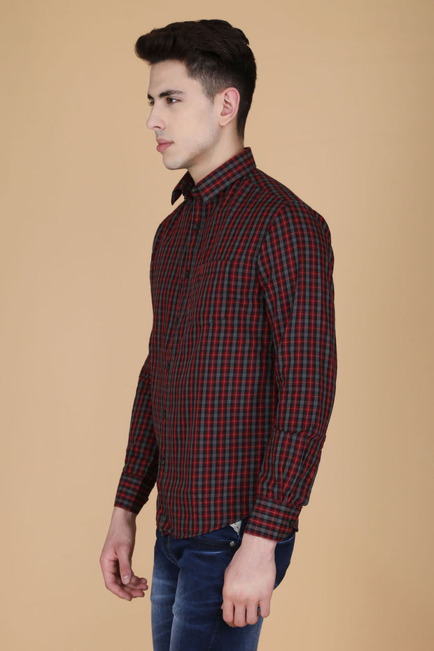 Red Cotton Plaids Slim Fit Full Sleeves Shirt