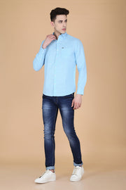 Sky Blue Cotton Print Slim Fit Casual Shirt