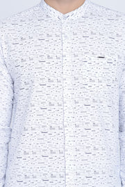 White Cotton Print Slim Fit Mandarin Collar Shirt