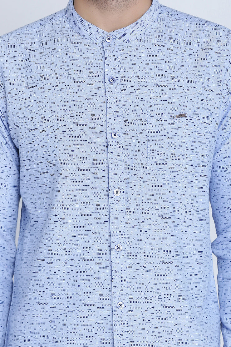Light Purple Cotton Print Slim Fit Mandarin Collar Shirt
