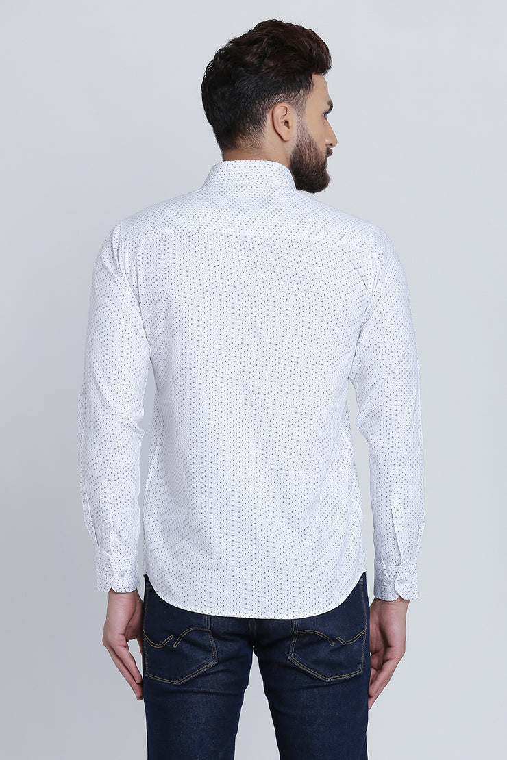 White Cotton Dot Print Slim Fit Casual Shirt