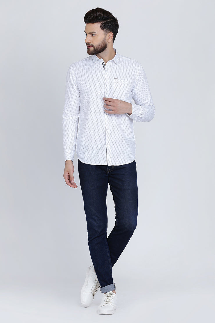 White Cotton Dot Print Slim Fit Casual Shirt