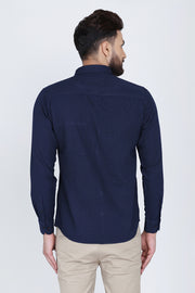 Navy Blue Cotton Dot Print Slim Fit Casual Shirt