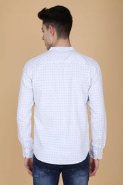 White and Grey Cotton Checks Print Mandarin Collar Shirt