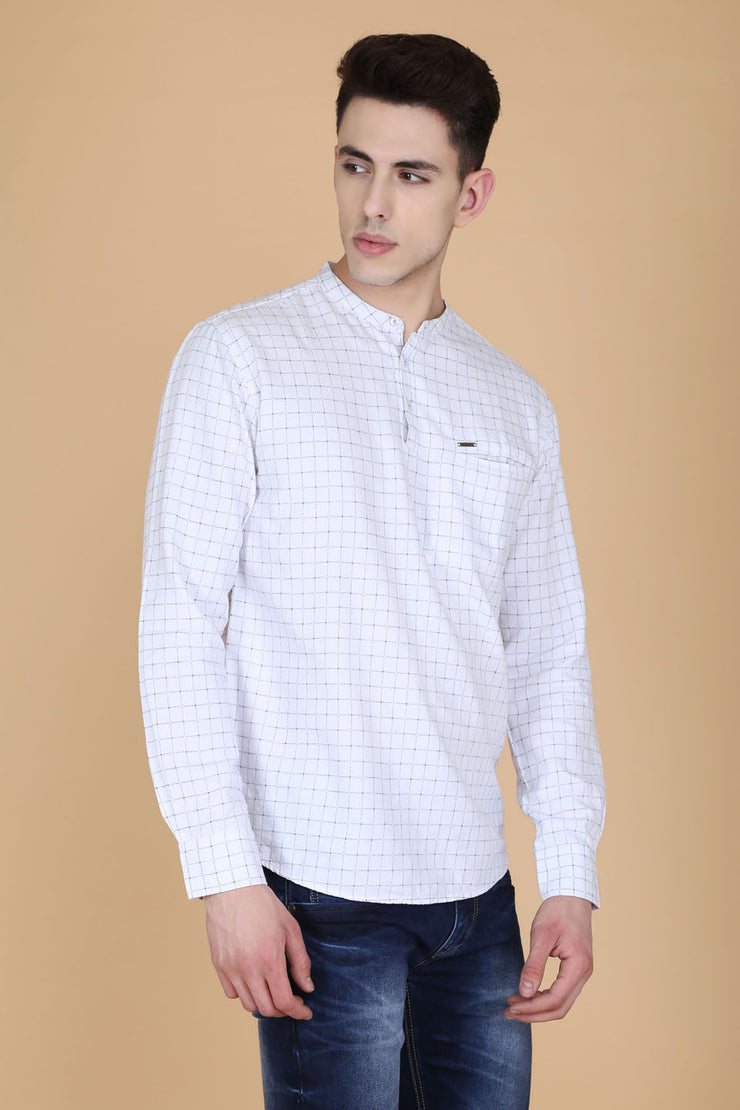 White and Grey Cotton Checks Print Mandarin Collar Shirt