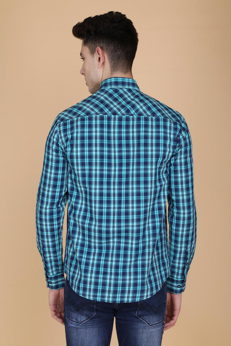 Blue Cotton Checks Print Long Sleeves Shirt