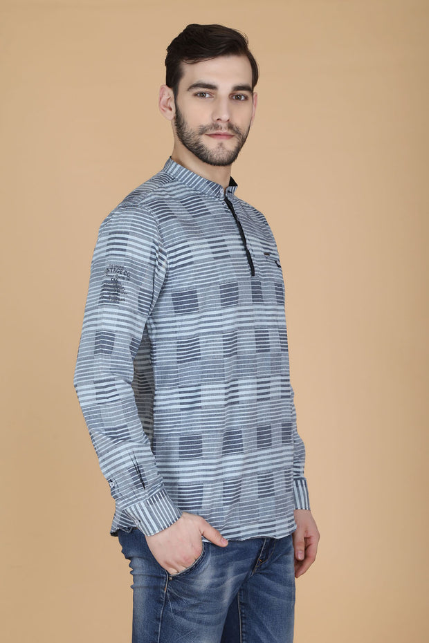 Grey Cotton Stripes Print Casual Shirt