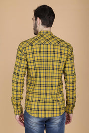 Yellow Cotton Plaids Slim Fit Spread Collar Shirt