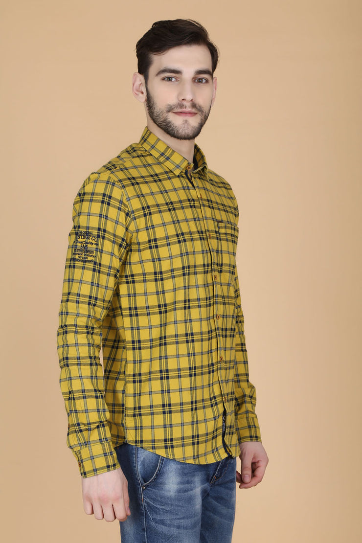 Yellow Cotton Plaids Slim Fit Spread Collar Shirt