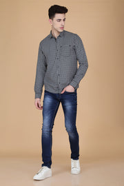 Black Cotton Checks Pattern Spread Collar Shirt