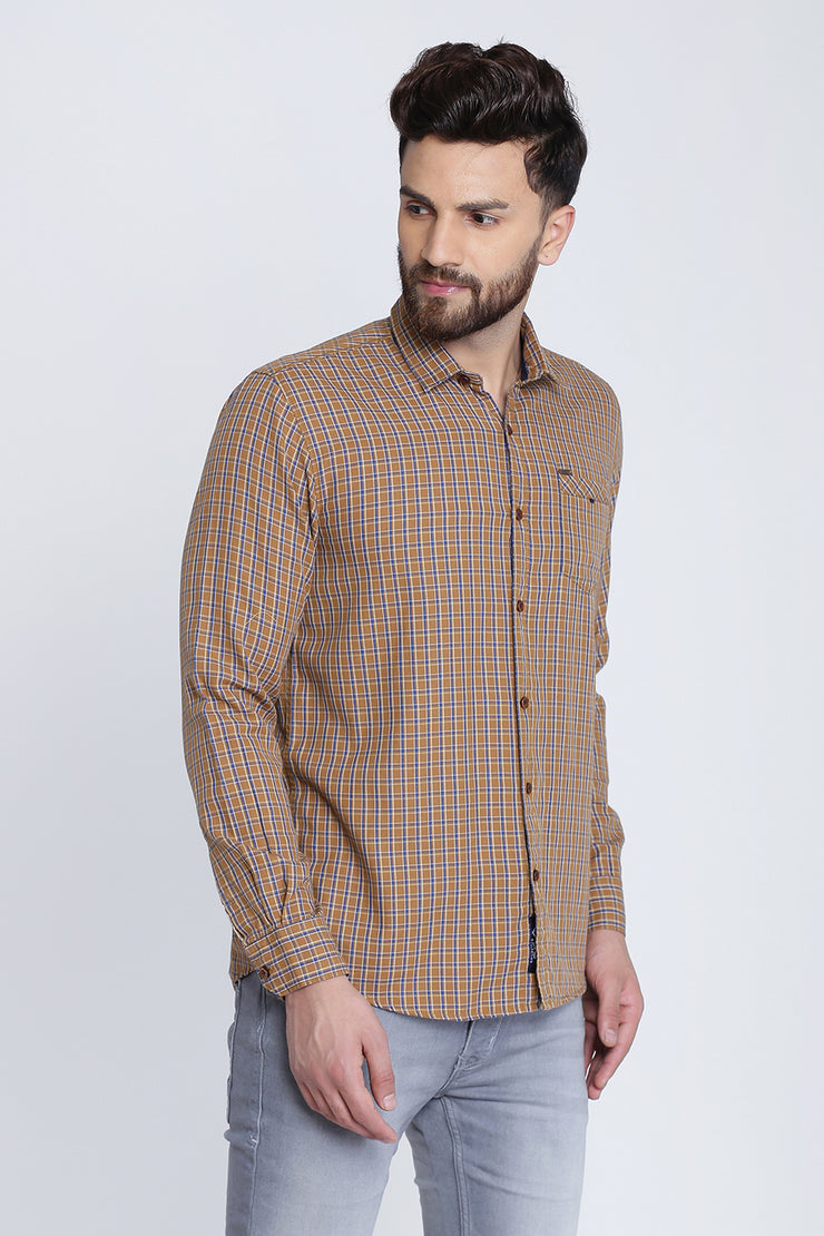 Brown Cotton Window Checks Pattern Slim Fit Shirt